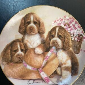 Decorative Plate with Puppies and Flowers